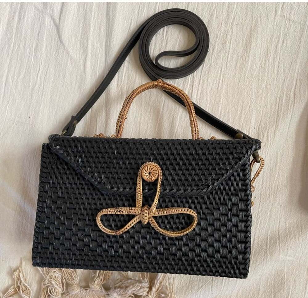 POPPY + SAGE Rattan Crossbody with Top Handle Black - Picture 2 of 8